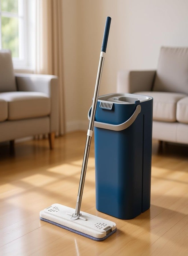 ممسحة مسطحة سهلة الاستخدام بدون استخدام اليدين، برأس قطني ماص، وقضيب مزدوج من الفولاذ المقاوم للصدأ، ونظام تنظيف أرضيات سهل السحب، تتضمن حلقة ممسحة وقطعة قماش. مثالية للاستخدام المنزلي أو التجاري. - Image 3